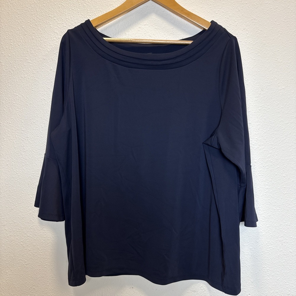 Talbots Flare Sleeve‎ Navy Polyester Top With Crew Neck Size 2X